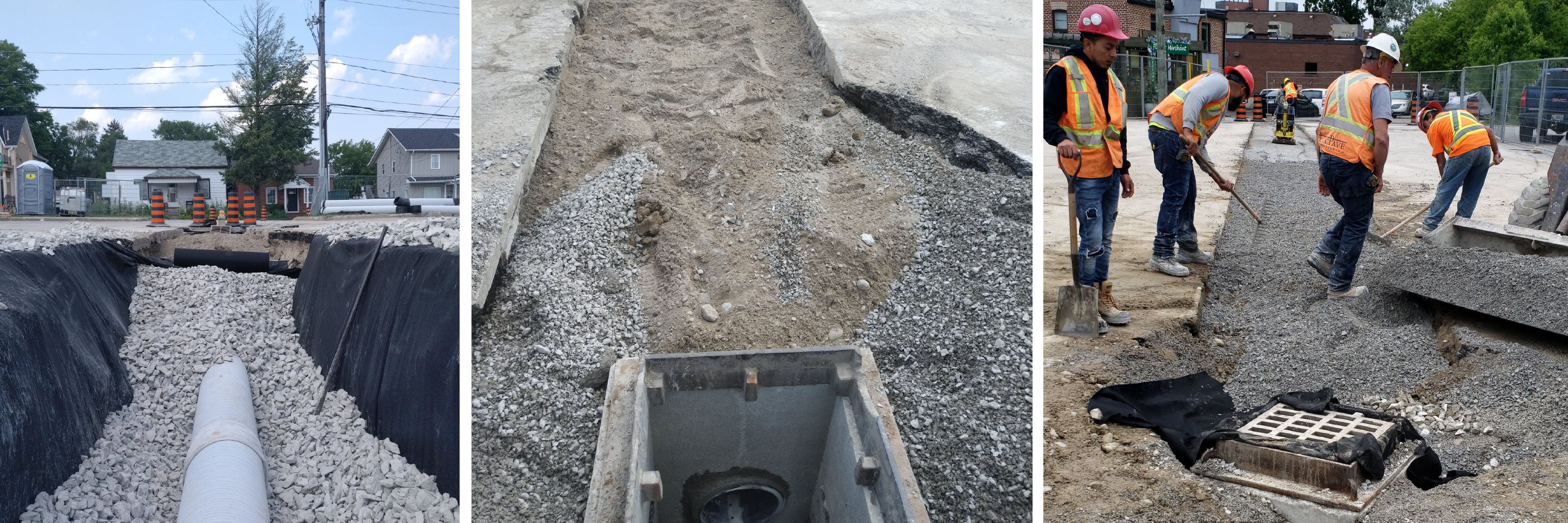A series of photos of showing low impact devlopment, the pipe underground, gravel and sewer