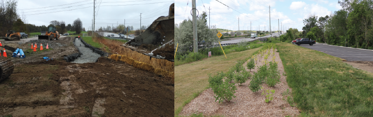 a before and after photo of the parking lot under construction and completed with new low impact development garden feature