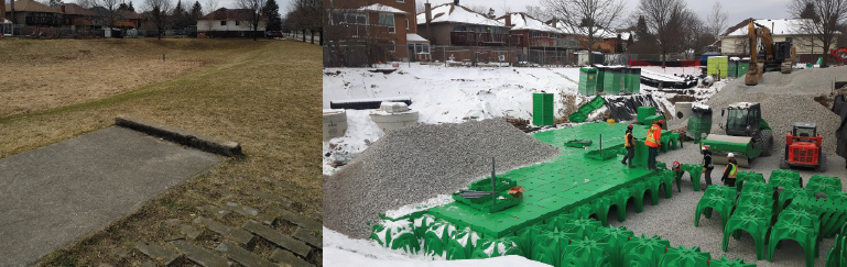 a before shot of a dried up stormwater pond and a photo of it under construction